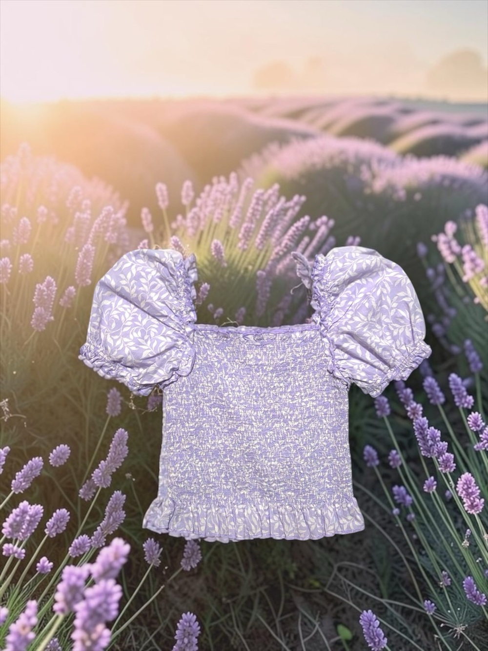 Wonder Nation Puff‑Sleeve Smocked Top Lavender Leaf Print, Girls Large 10–12 EUC